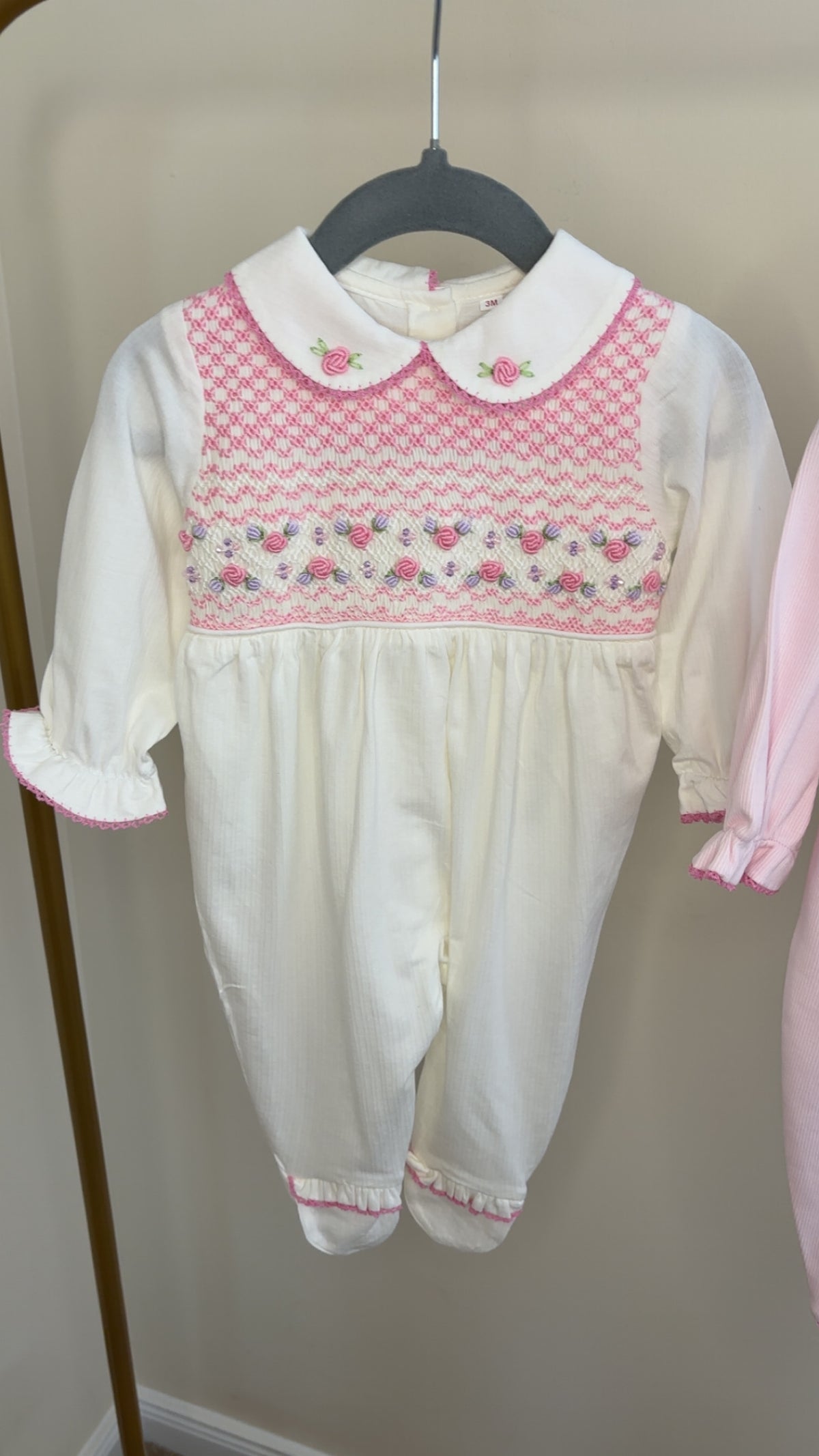 Ivory and pink smock Babygrow